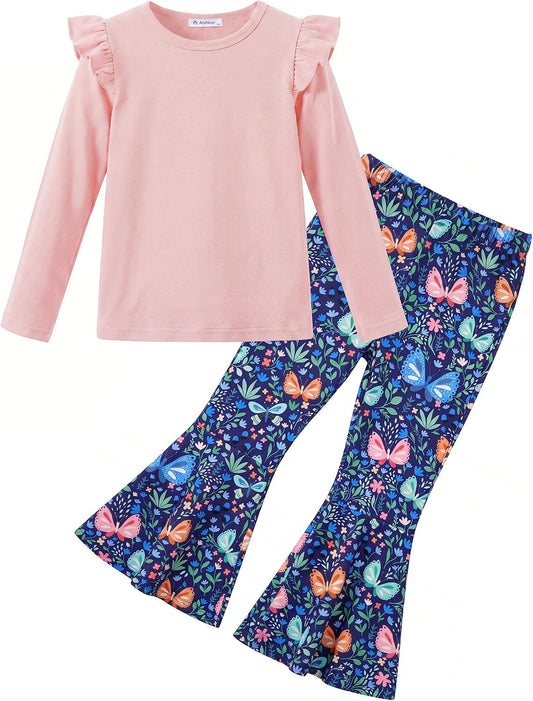 Arshiner Girls 2 Piece Outfits Flare Pants Knit Set Toddler Printed Clothes