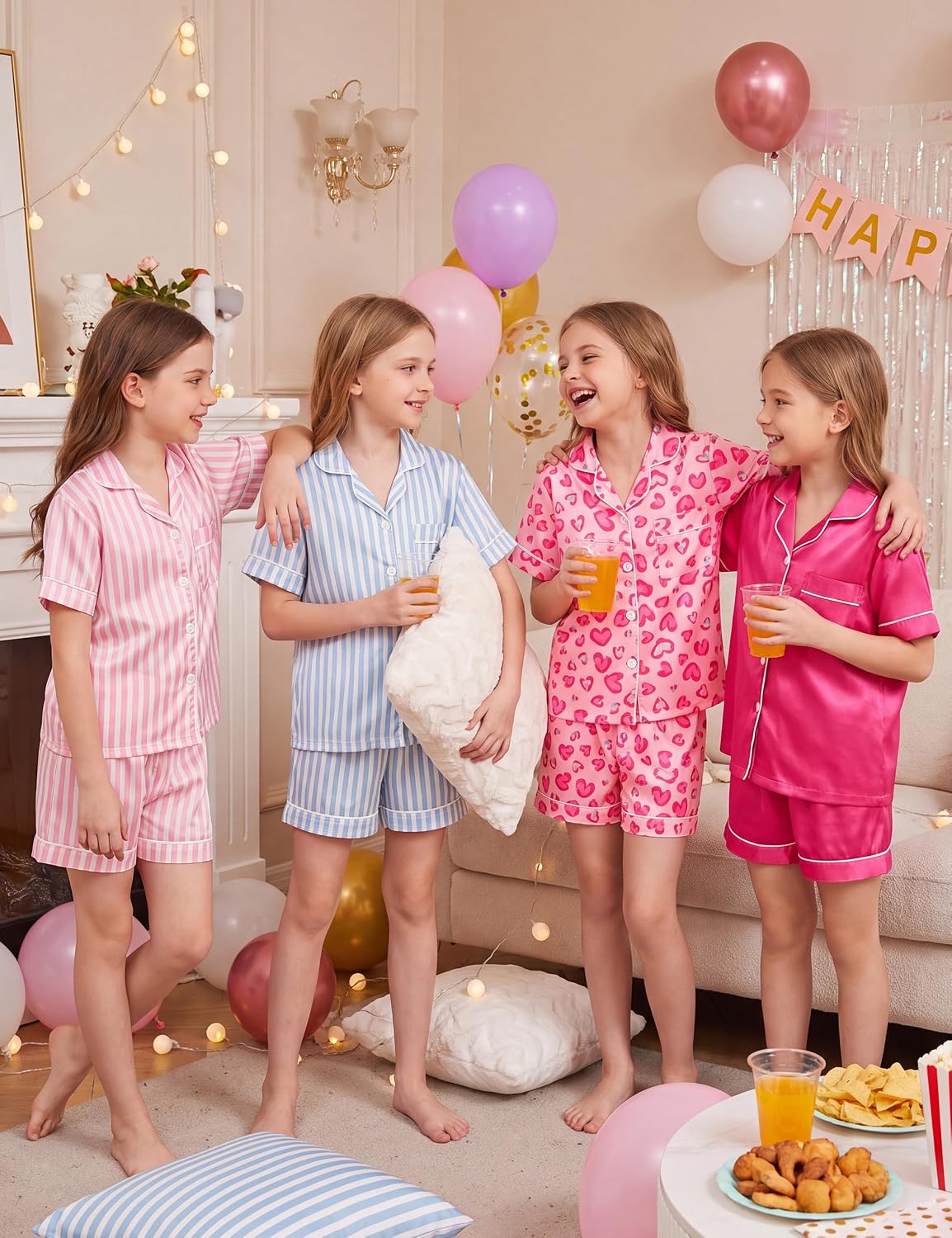 Yoofoss Girls Pajamas Set Kids Satin Pjs Short Sleeves Sleepwear