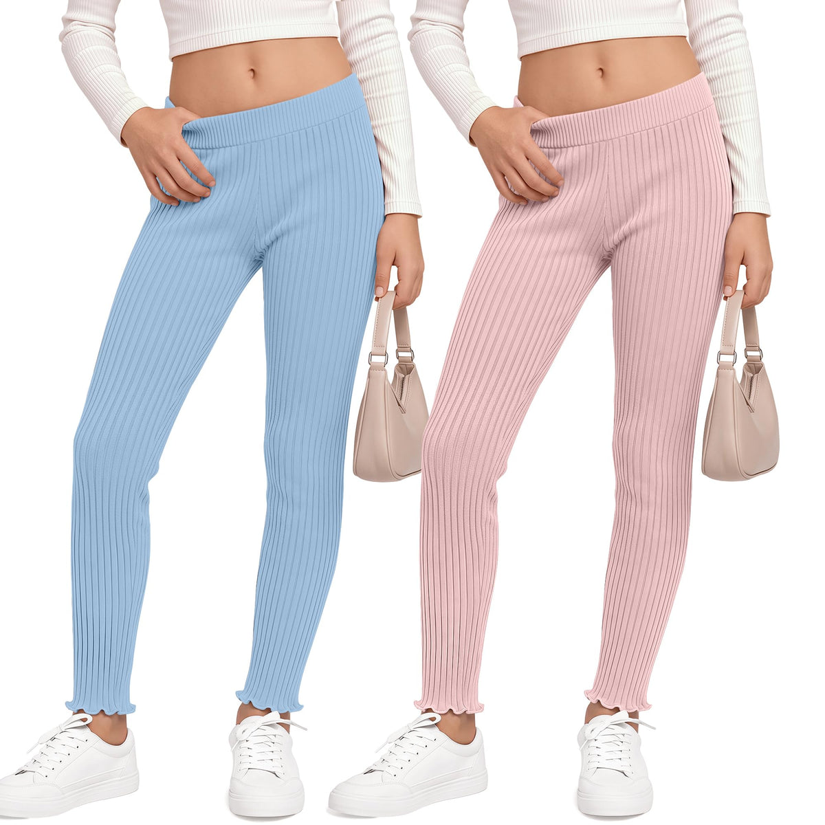 2 Pack Girl's Ribbed Knit Leggings Ruffle Tights
