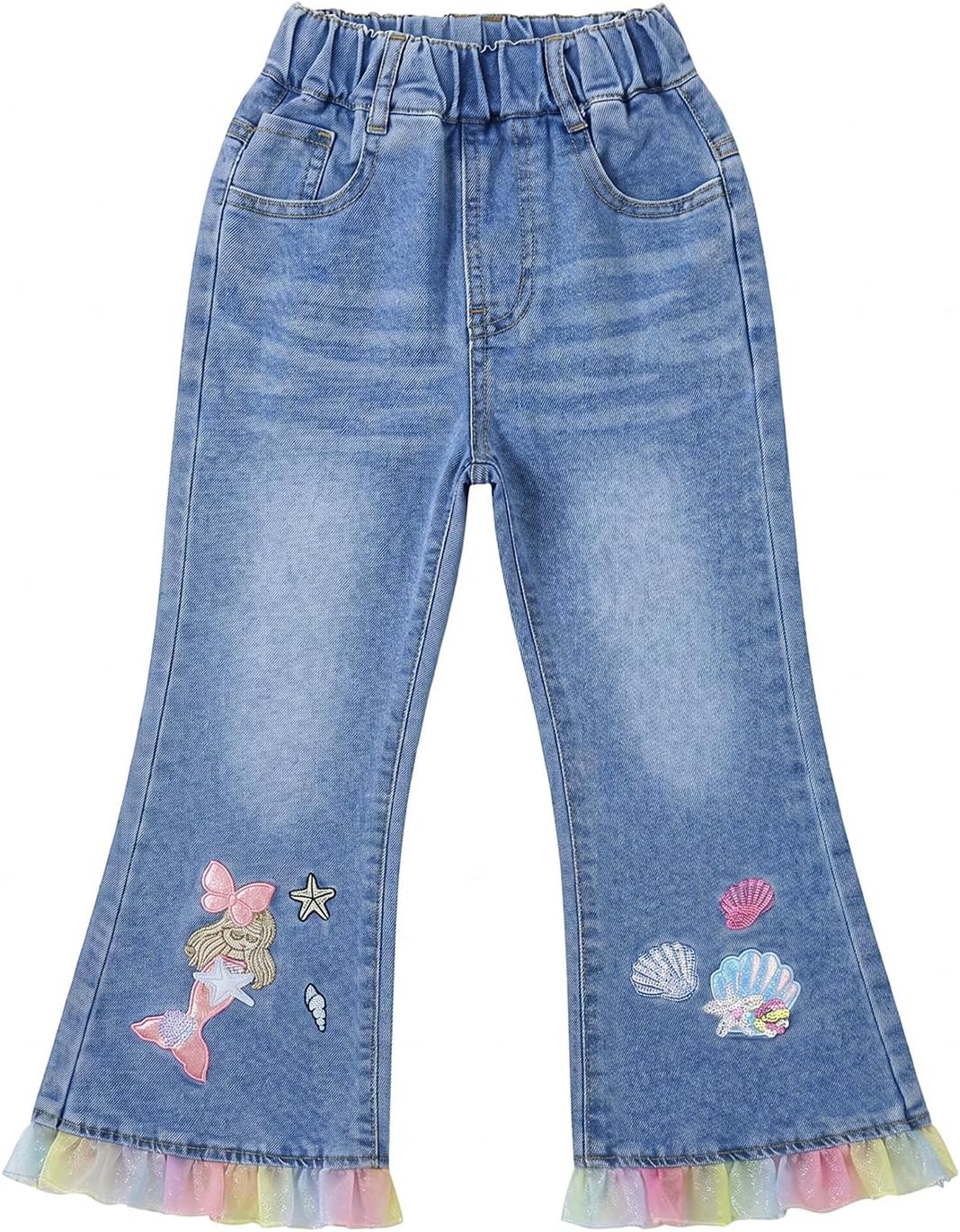 3-9 Years Little Big Girl Flare Jeans Elastic Waist Embroidery Denim Pants