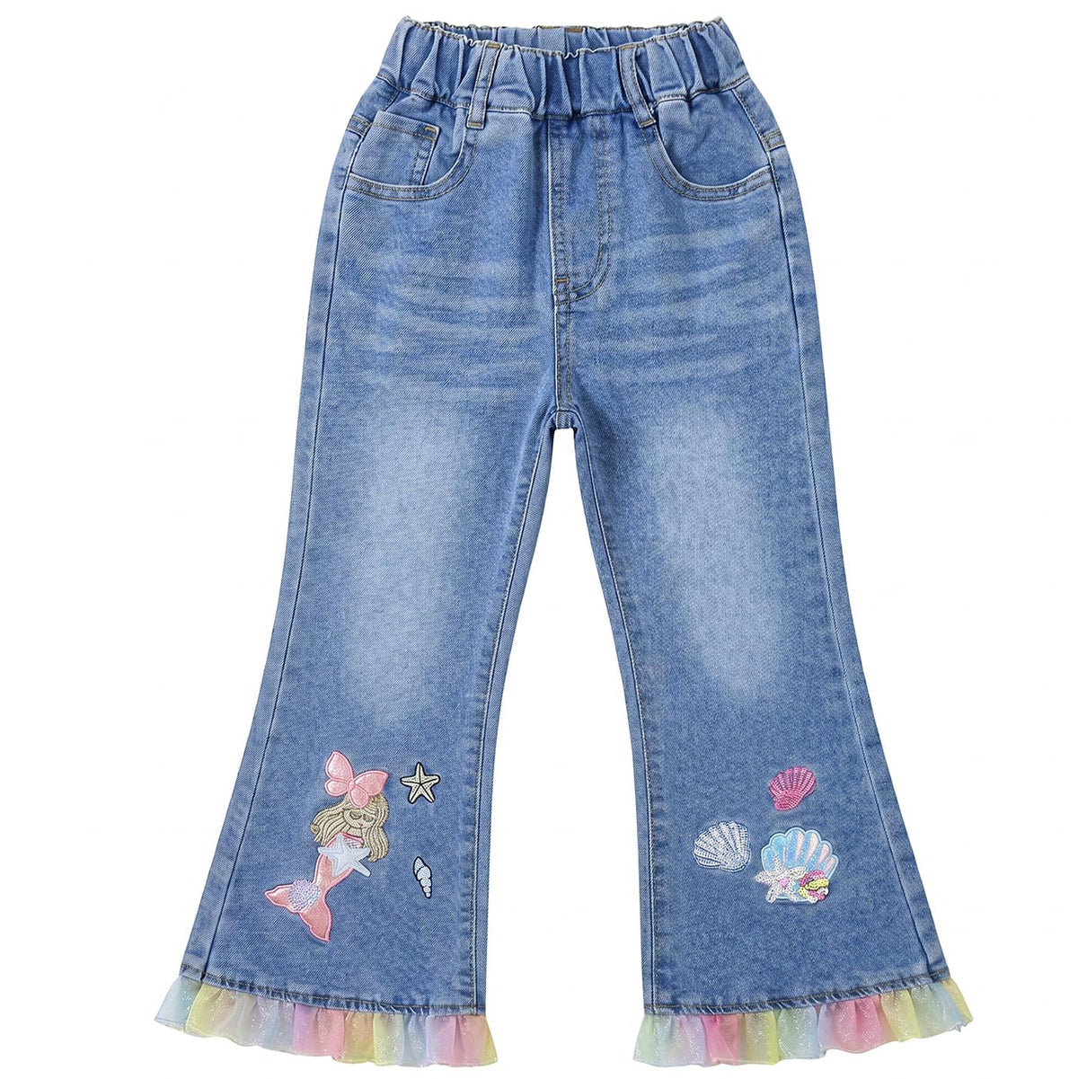 3-9 Years Little Big Girl Flare Jeans Elastic Waist Embroidery Denim Pants