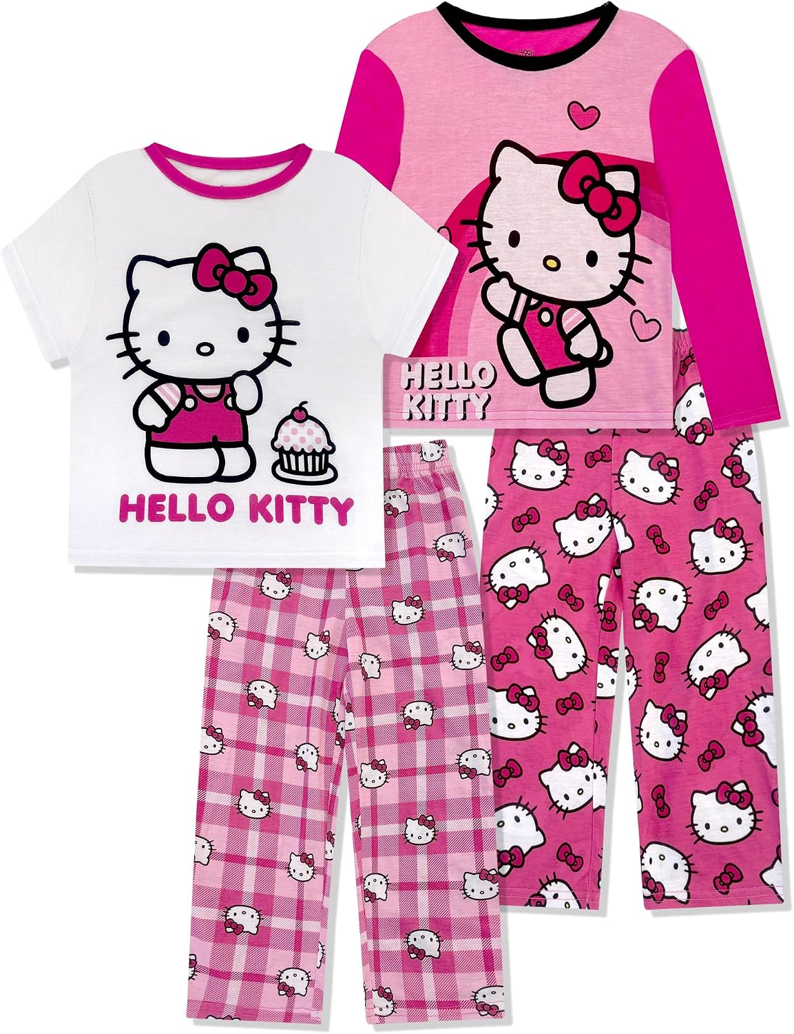 Hello Kitty Girls Pajama Pants and Sleep Shirt Sets 4 Piece PJ Top and Bottom Sleepwear Set for Girls Pajamas for Kids