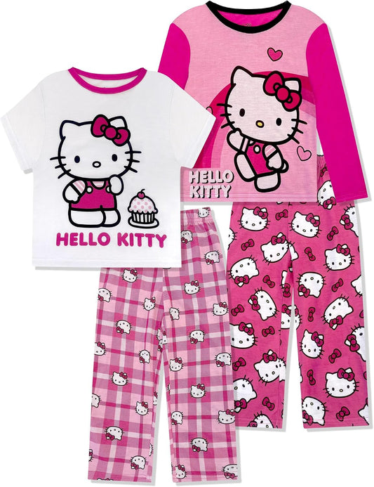 Hello Kitty Girls Pajama Pants and Sleep Shirt Sets 4 Piece PJ Top and Bottom Sleepwear Set for Girls Pajamas for Kids