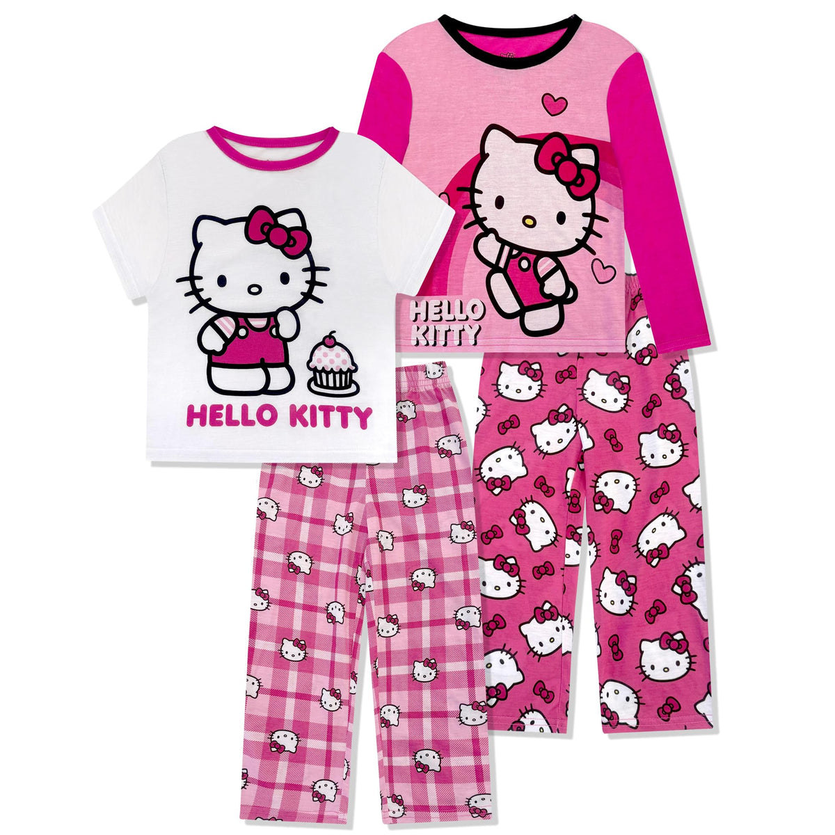 Hello Kitty Girls Pajama Pants and Sleep Shirt Sets 4 Piece PJ Top and Bottom Sleepwear Set for Girls Pajamas for Kids