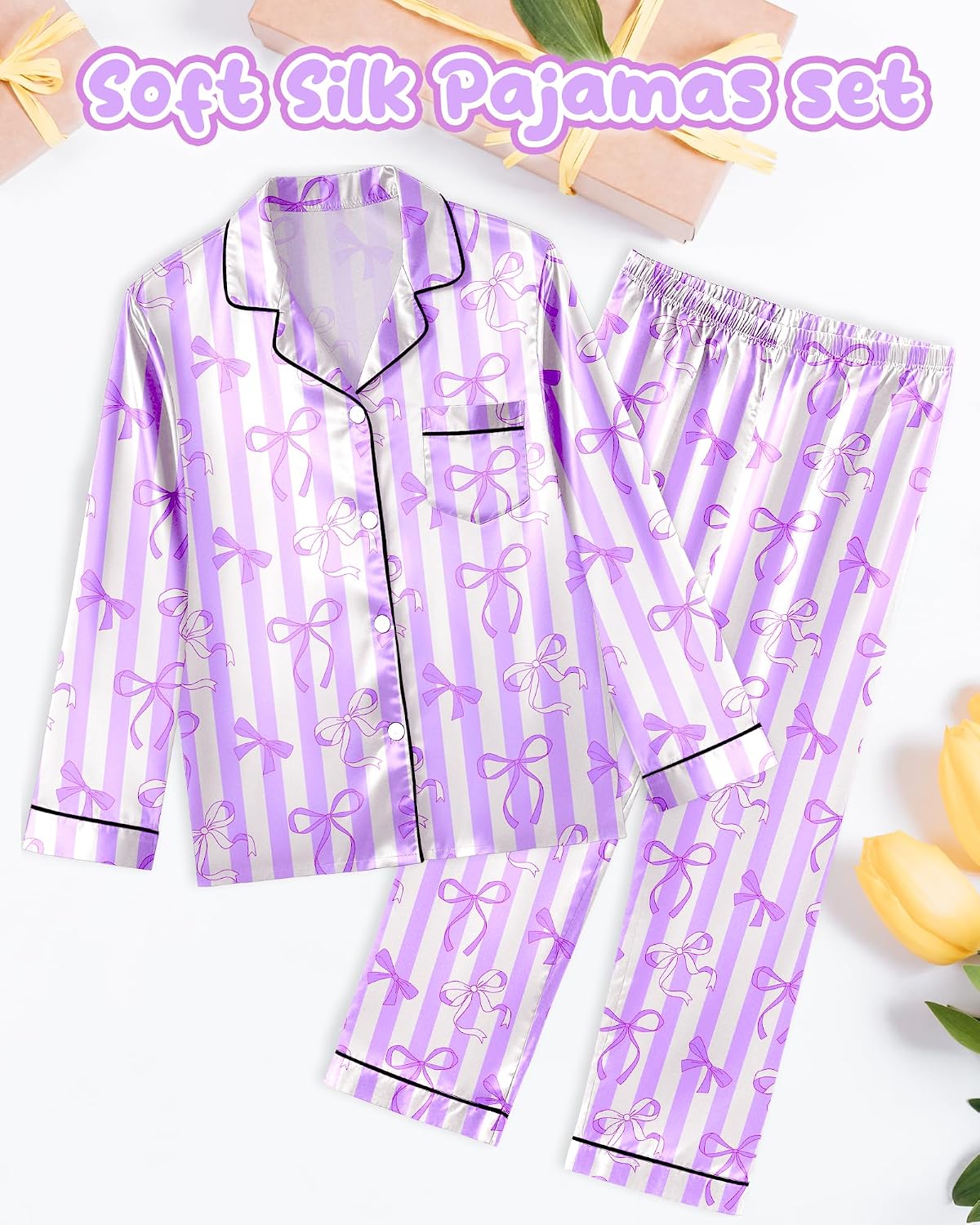 Sylfairy Girls Pajamas Silk PJS Set Satin Sleepwear Long Sleeve Jammies for Kids Button-Down Nightwear Loungewear 3-16 Years