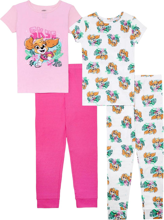 Nick Girls' 4-piece Snug-fit Matching Cotton Pajama Set, Soft & Cute for Kids
