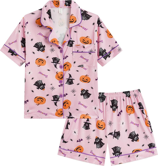 Hupohoi Big Girls Button Down Pajama Sets 2pcs Summer Cute Print Sleepwear