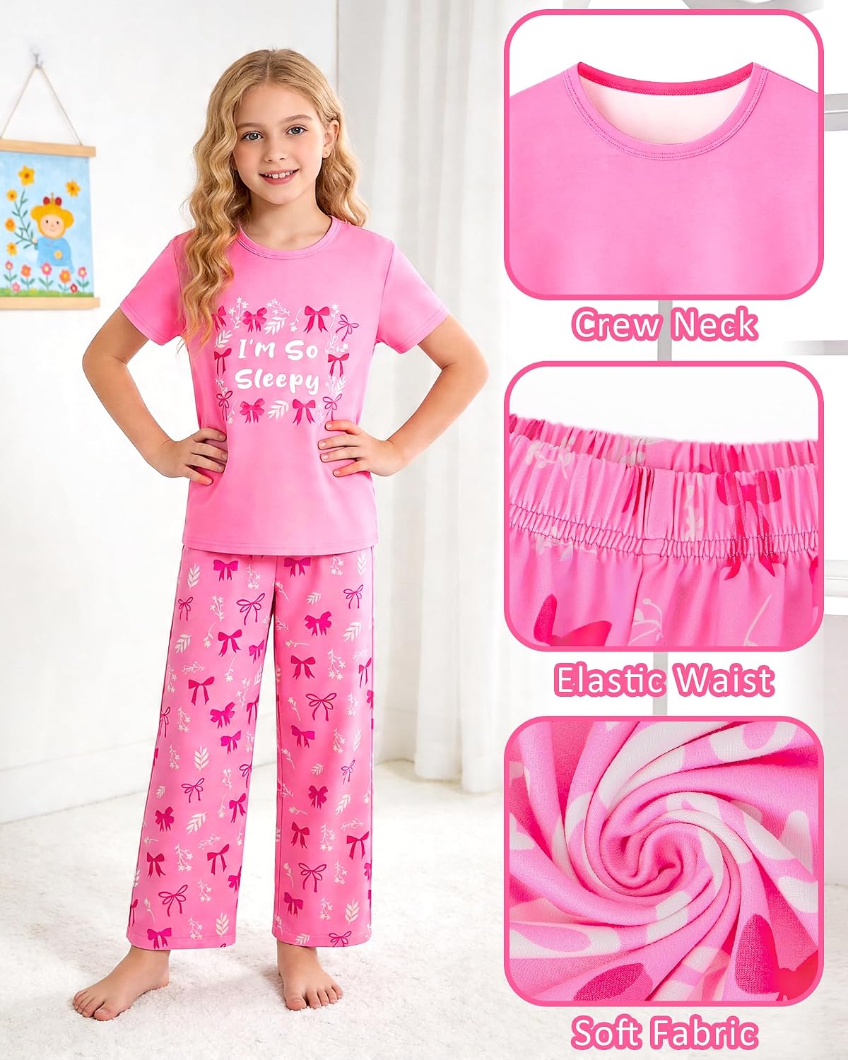 Girls Pajamas Short Sleeve Pants Pjs for Big Girls Sleepwear Kids Jammies Sets Cute Soft Loungewear Size 7-14