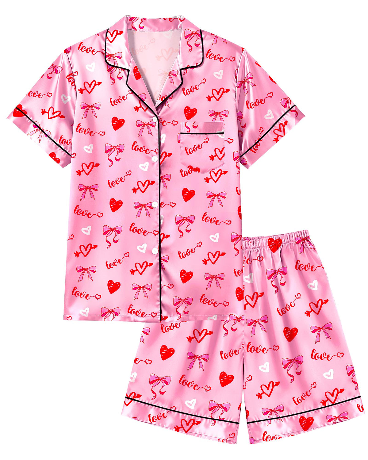 Sylfairy Girls Pajamas Silk PJS Set Pink Bow Satin Sleepwear Short Sleeve Jammies for Kids Button-Down Nightwear size 7-14