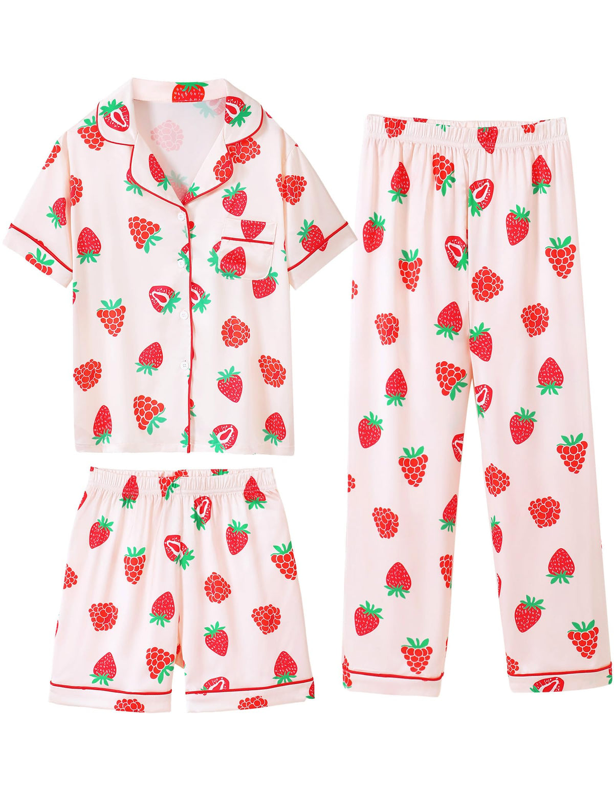 Mikrdoo 3 Piece Girls Silk Satin Pajamas Set Soft Lightweight Button Down Pjs Sleepwear for Kids Size 6-16 Years