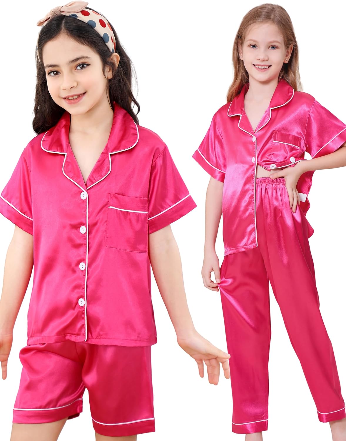 DIPUG Girls Pajamas 3 Pcs Satin PJs Set Silky Soft Sleepwear for Ages 4-13