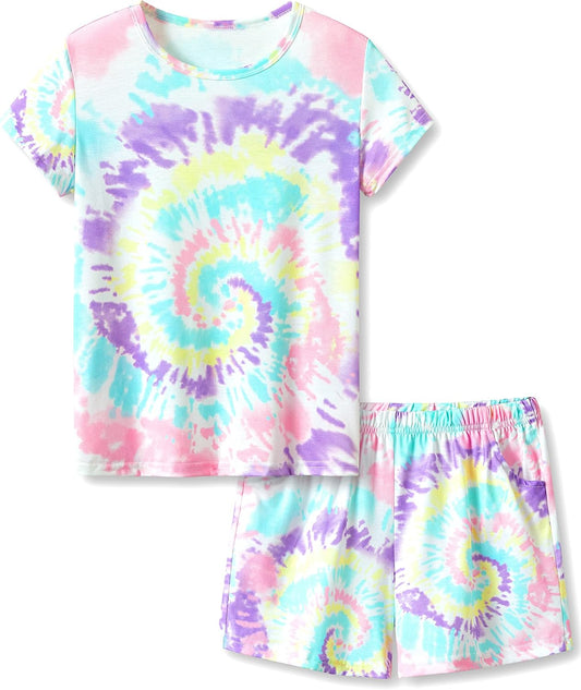 Tebbis Girls Pajama Set Tie Dye Cute Prints Tee & Shorts Sizes 6-18