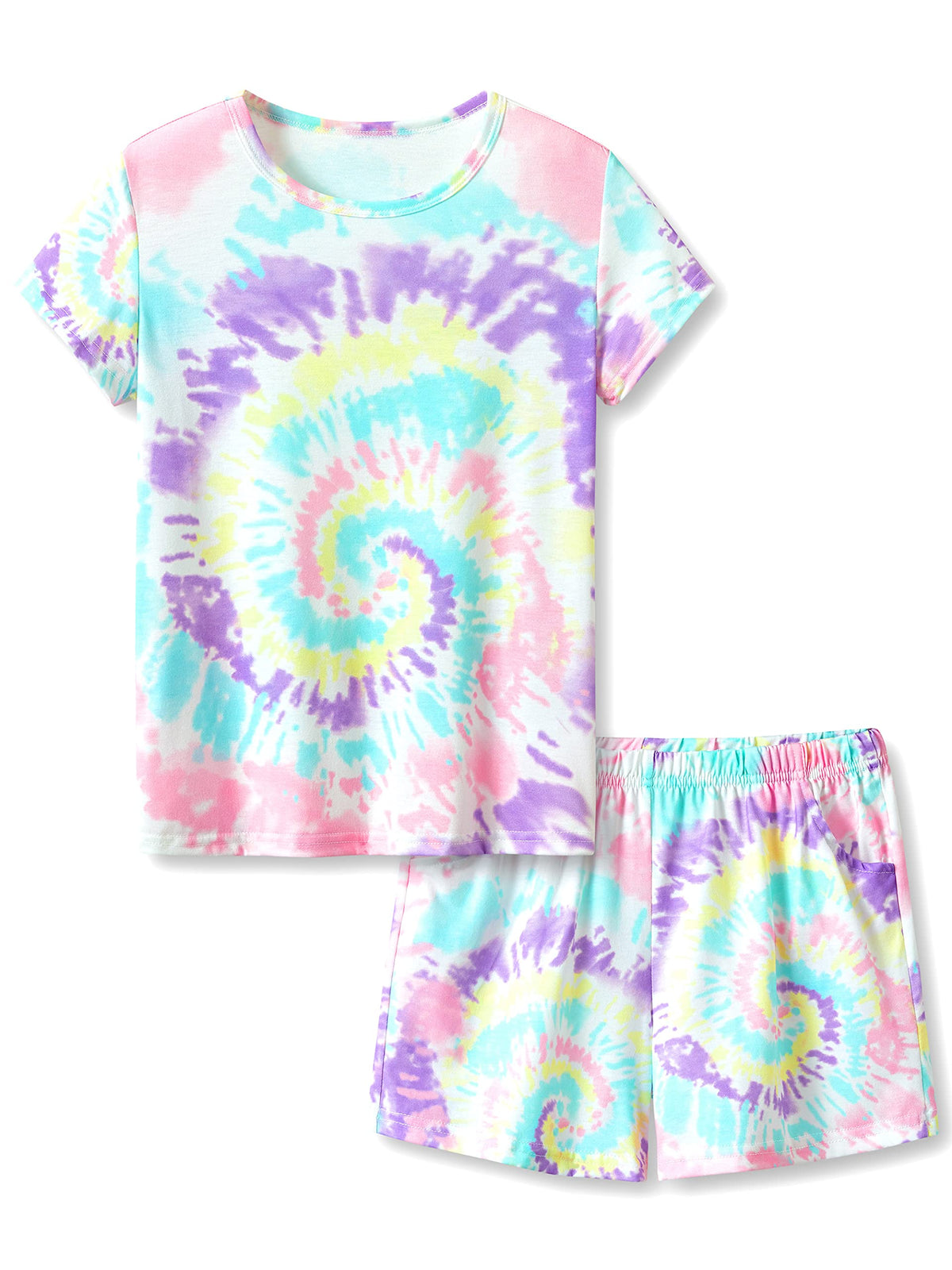 Tebbis Girls Pajama Set Tie Dye Cute Prints Tee & Shorts Sizes 6-18
