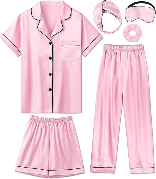 Silk Pajamas for Girls Satin Pajama Kids 3Pcs Short Sleeve Pjs Set