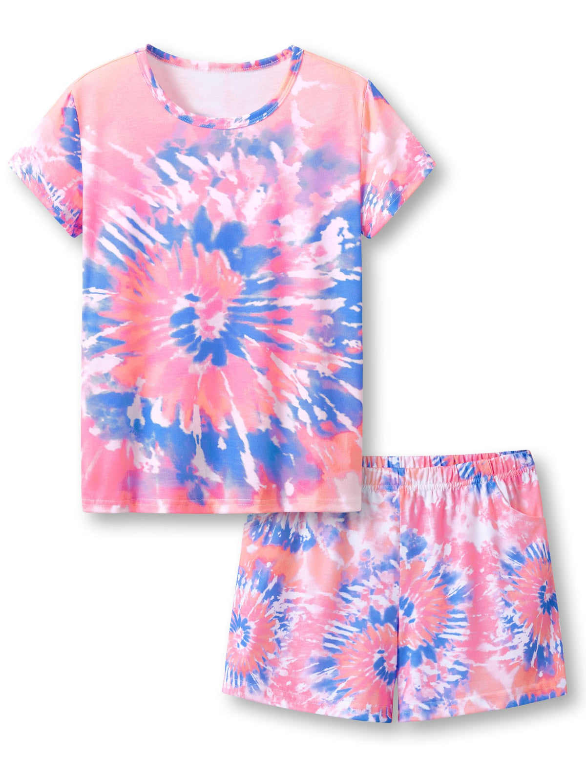 Beezizac Girls Pajamas Neon Tie Dye Spiral Capybara Smiling Face Print T-shirt & Shorts 2-Piece Soft PJ Set Size 6-18