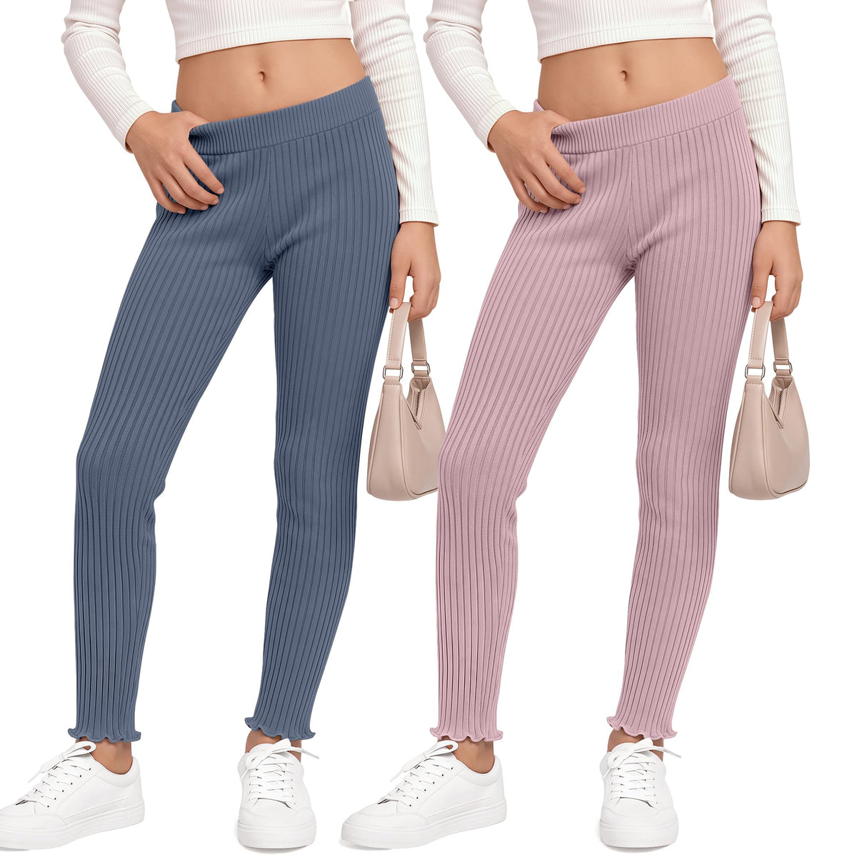 2 Pack Girl's Ribbed Knit Leggings Ruffle Tights