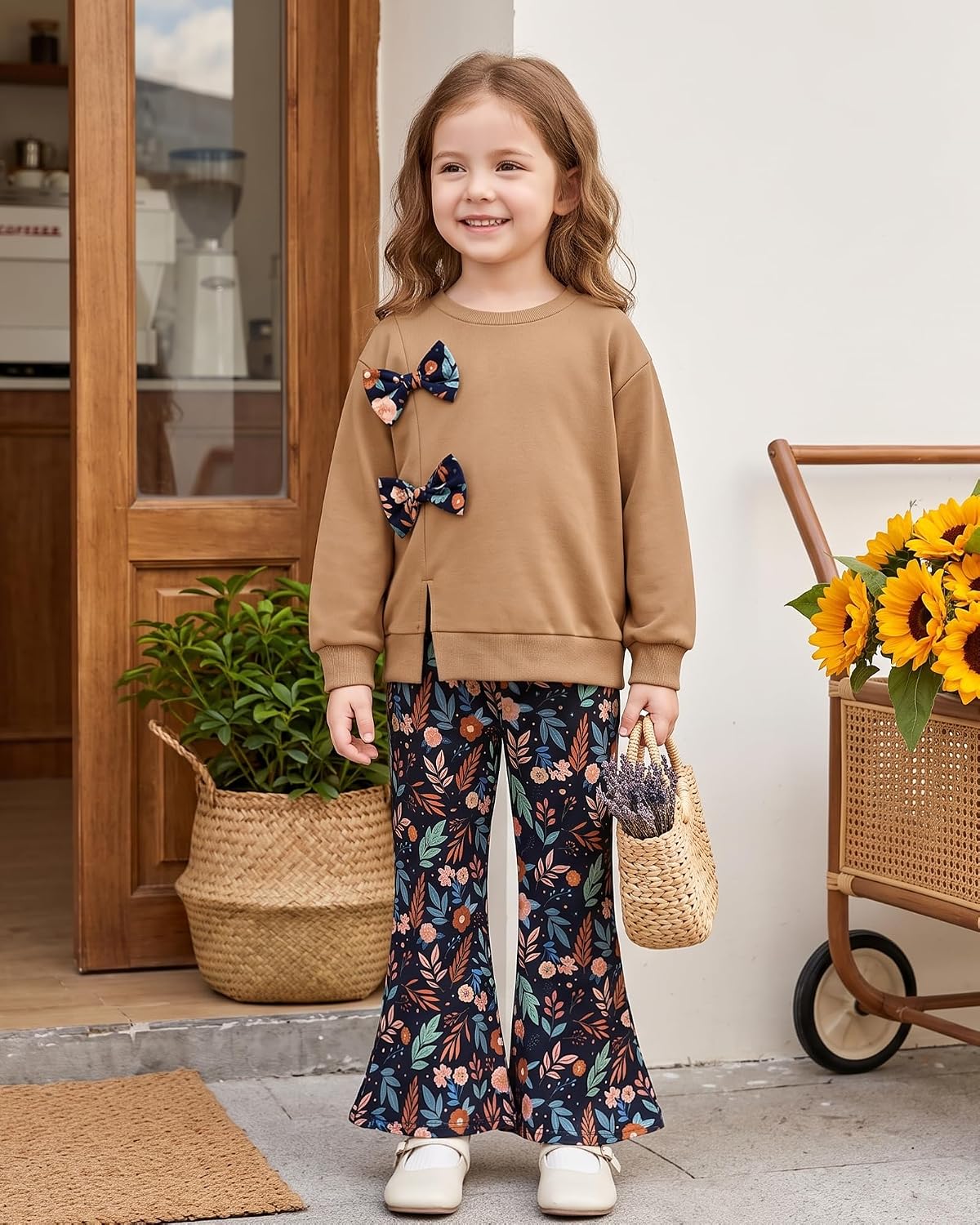 SANMIO Toddler Girls Clothes Fall Long Sleeve Top Floral Flare Pants 2Pcs