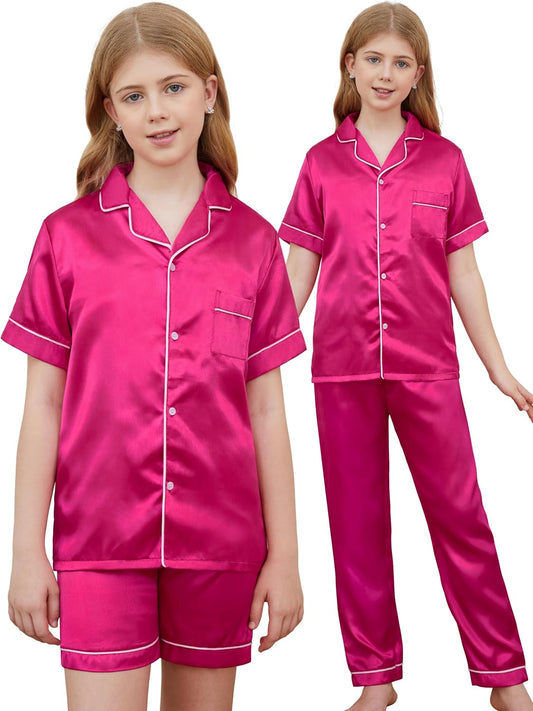 IHU 4 Piece Girls Pajamas Silk Satin PJs Boys Button Down Short Sleeve Set