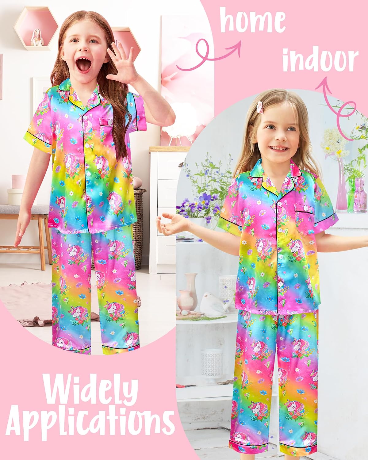 Sylfairy Girls Satin Pajamas Silk PJS Set Rainbow Unicorn Sleepwear Short Sleeve Long Pants Jammies for Toddler Kids