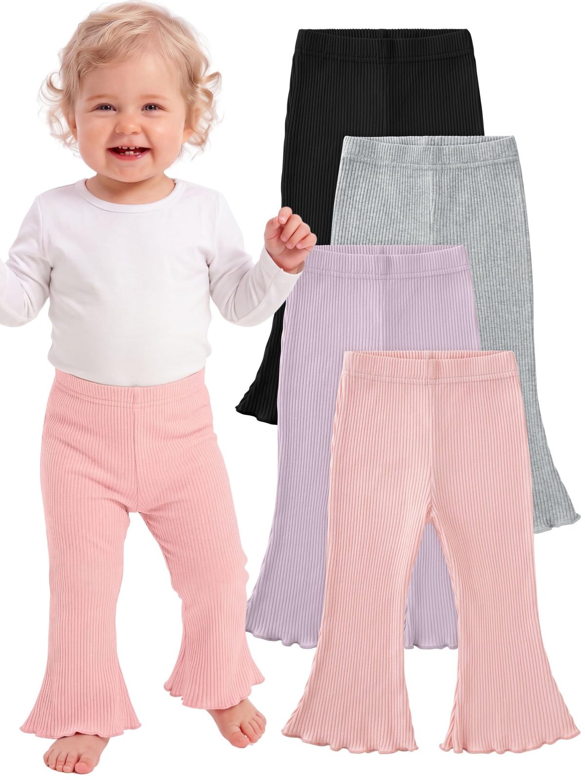 4 Pack Girl Flare Pants Ribbed Bell Bottom Leggings Soft Cotton