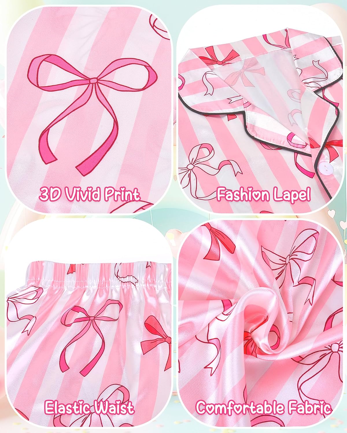 Sylfairy Girls Pajamas Silk PJS Set Pink Bow Satin Sleepwear Short Sleeve Jammies for Kids Button-Down Nightwear size 7-14