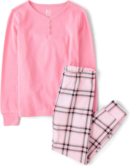 The Children's Place Girls' 100% Snug Fit Cotton Long Sleeve Henley Top and Pant,2-piece Pajama Sets