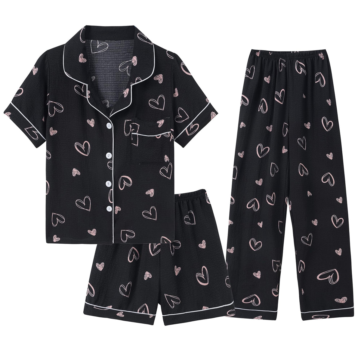 Hupohoi Big Girls Button Down Pajama Set 3pcs Crepe Fabric Sleepwear Nighty
