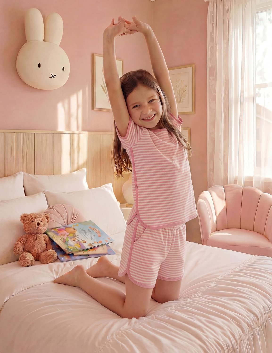 Yoofoss Girls Pajamas Organic Cotton Loose Fit Kids Pjs 2 Piece Sleepwear Short Sleeves & Short Pants Girls Clothes