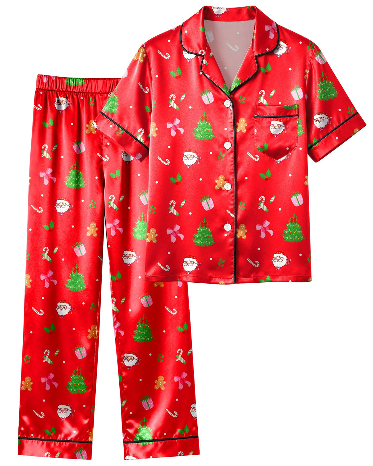 Girls Pajamas Silky Short Sleeve Long Pants Cute Jammies Satin Sleepwear Pjs Set for Toddler Kids 3T-10Y