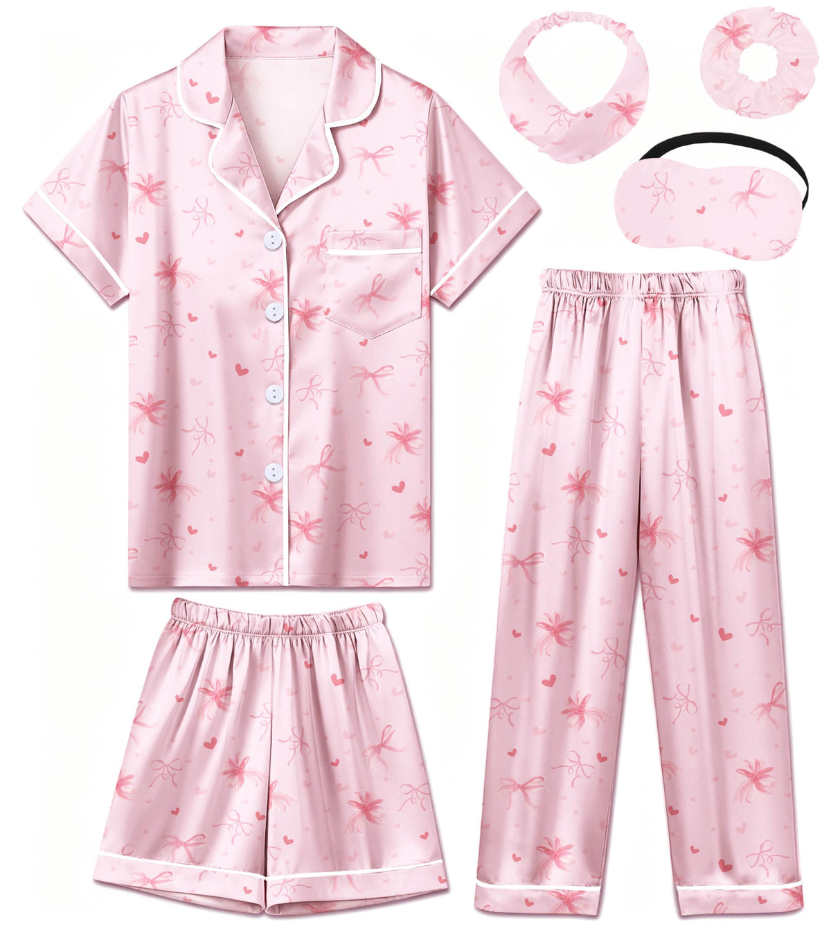 Silk Pajamas for Girls Satin Pajama Kids 3Pcs Short Sleeve Pjs Set
