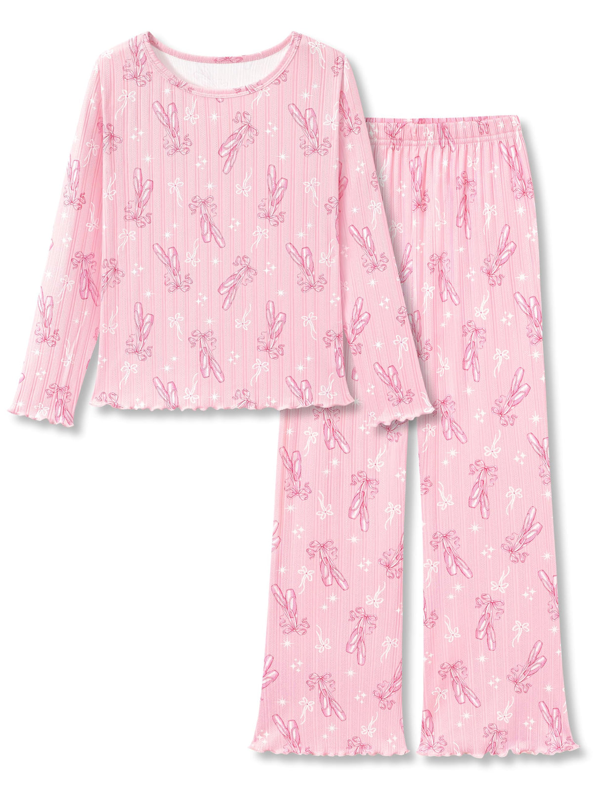 Beezizac Girls Pointelle Pajamas Long Sleeve Wide Leg 2-Piece Set Size 6-18