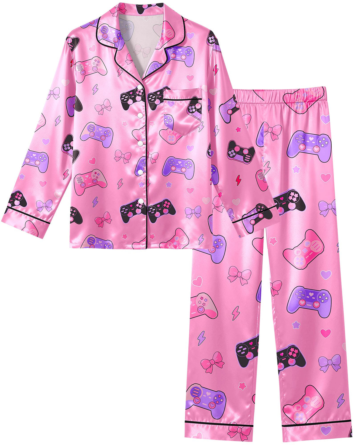 Sylfairy Pajamas Cute Girls Silk Pj Set Long Sleeve and Pants Button Down Sleepwear Lounge Sets for Kids