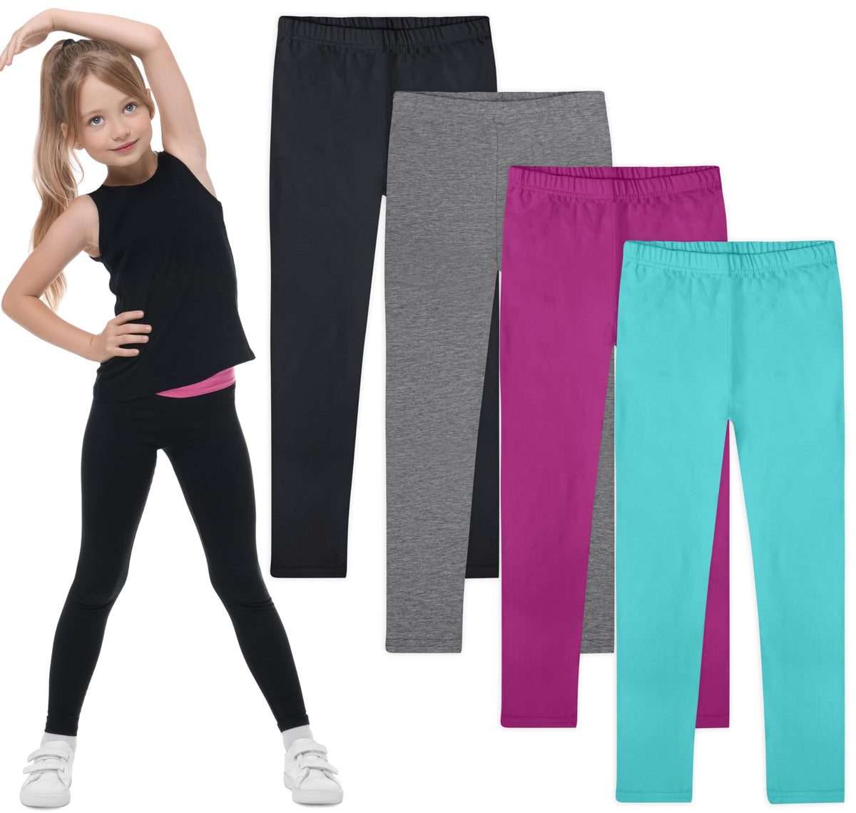 FEQO 4 Pack Girls Cotton Leggings Stretchy Full Length Tight Pants 4-12Y