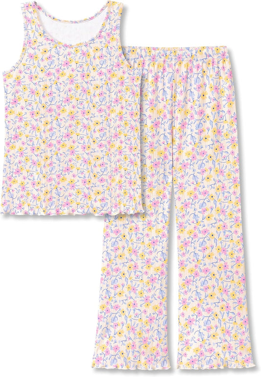 Beezizac Girls Pointelle Pajamas Floral Tank and Wide Leg Pants Size 6-18