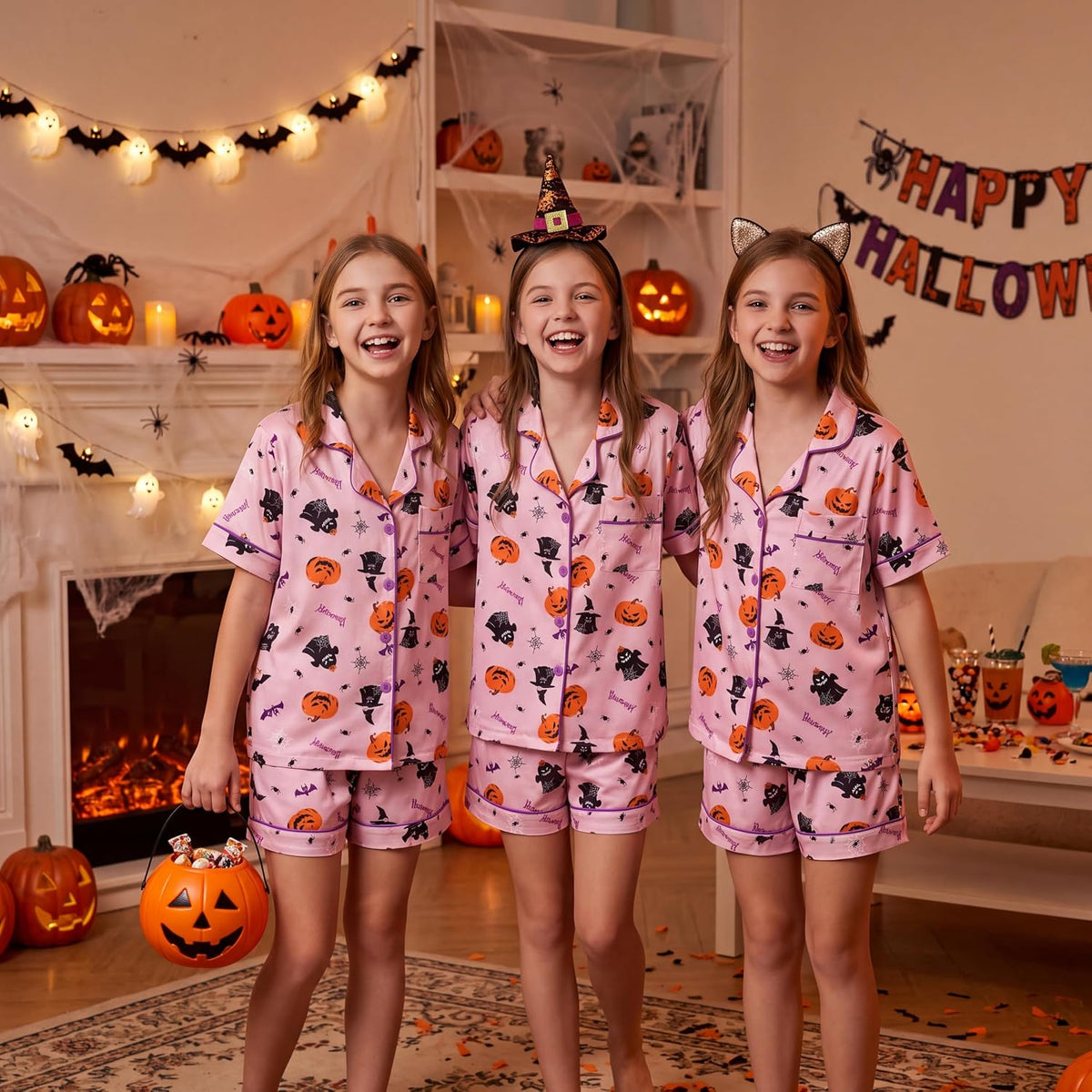 Hupohoi Big Girls Button Down Pajama Sets 2pcs Summer Cute Print Sleepwear