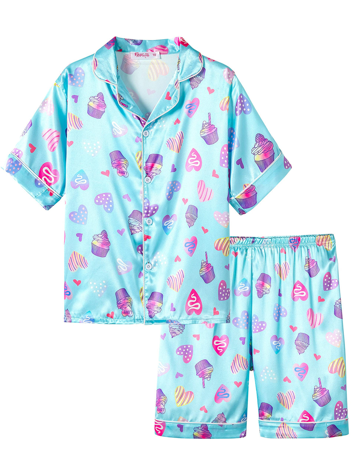 Topgal Girls Satin Pajamas, Short Sleeve Shorts Button Up, Size 6-16