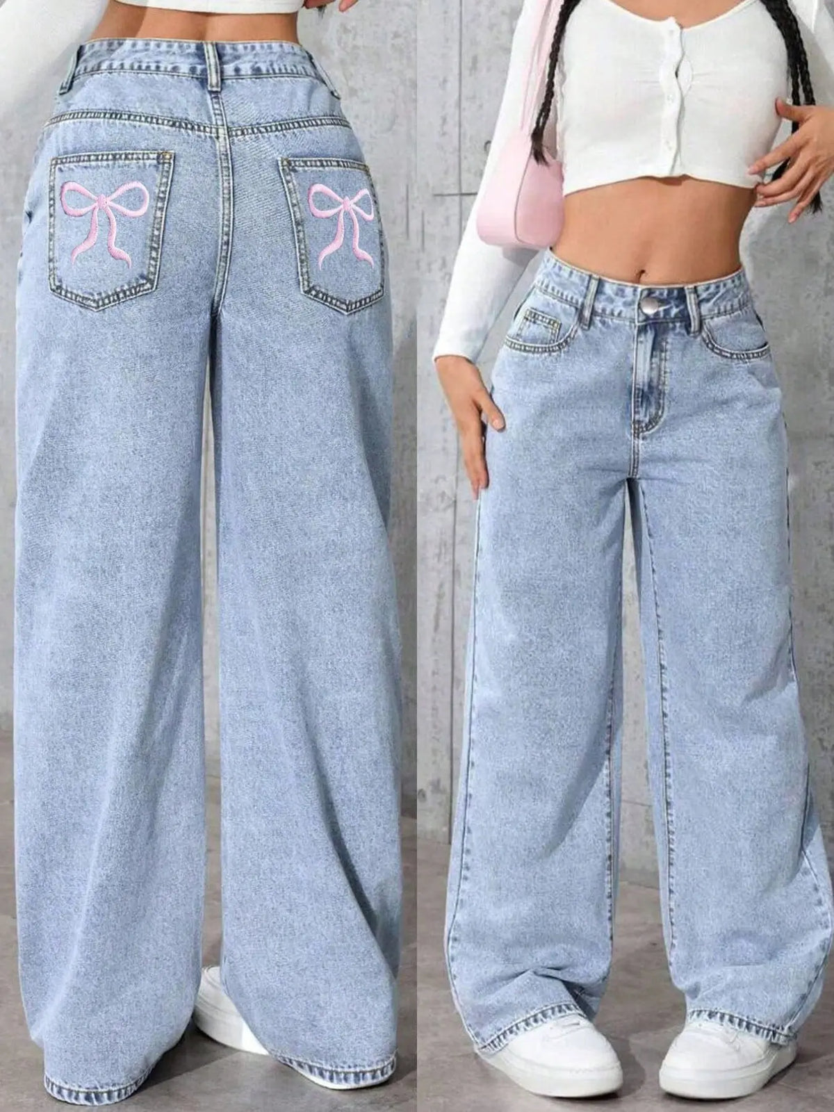 Teen Girls Washable, Embroidered Butterfly Knot Design, Loose Fit, High Waist, Elastic Back Waist, Denim, All Seasons Casual Wear