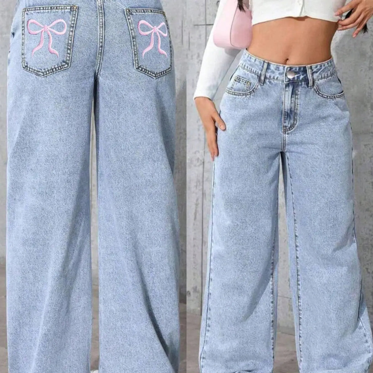 Teen Girls Washable, Embroidered Butterfly Knot Design, Loose Fit, High Waist, Elastic Back Waist, Denim, All Seasons Casual Wear