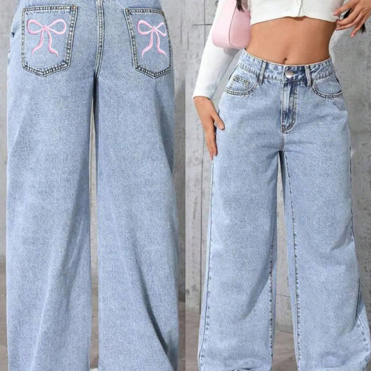 Teen Girls Washable, Embroidered Butterfly Knot Design, Loose Fit, High Waist, Elastic Back Waist, Denim, All Seasons Casual Wear