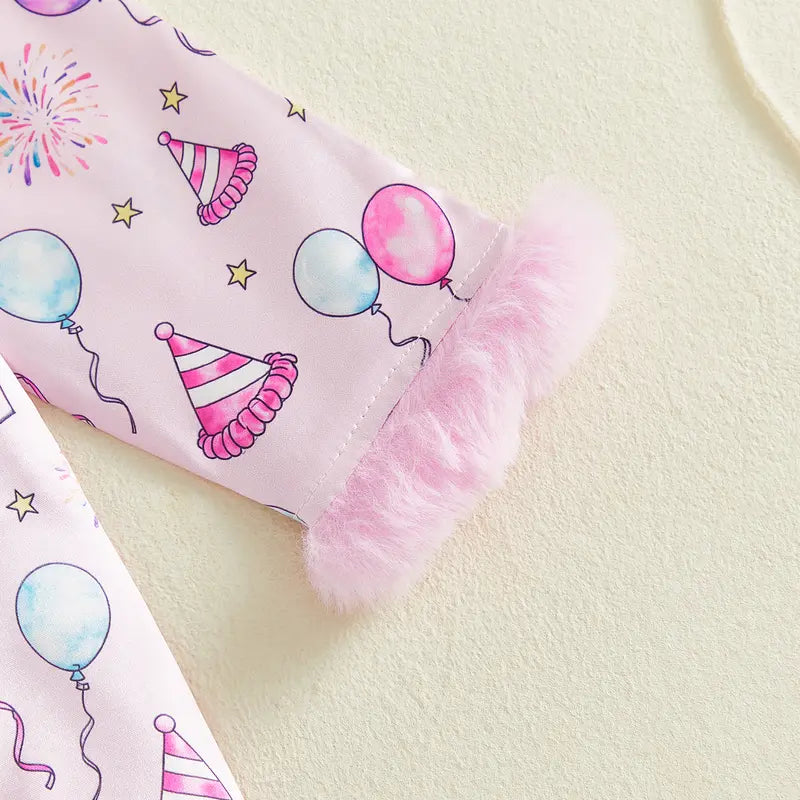 Girls Birthday Pajama Sets Long Sleeve Lapel Button Up Cake Balloon Print Shirt Pants Sleepwear