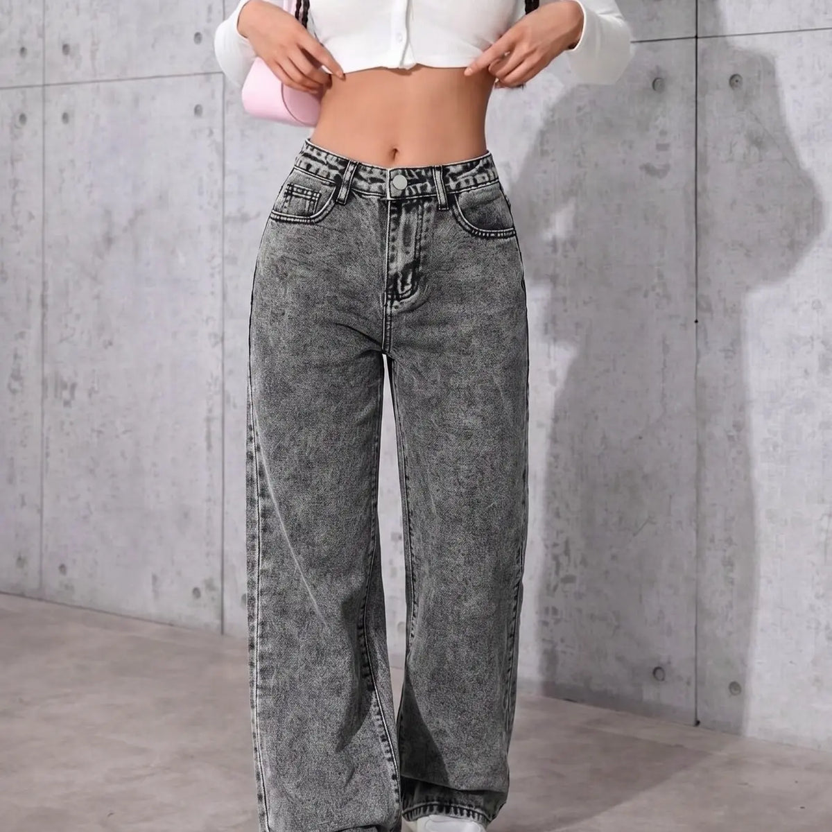 Teen Girls Washable, Embroidered Butterfly Knot Design, Loose Fit, High Waist, Elastic Back Waist, Denim, All Seasons Casual Wear