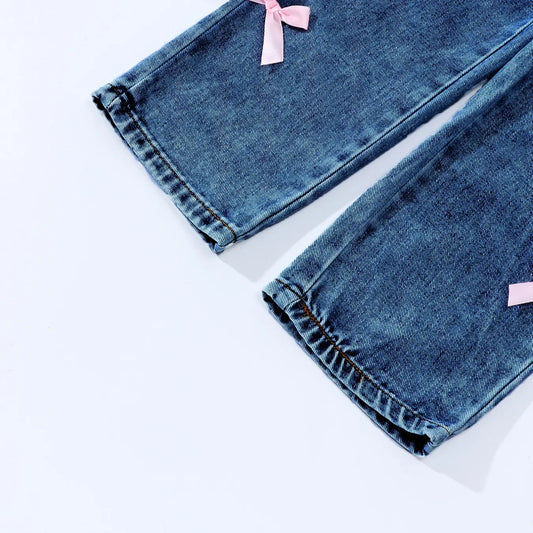 Cute Bow Wide Leg Jeans for Girls, Comfortable Casual Denim Jeans, Perfect for Daily Wear and Outings, Loose Pants
